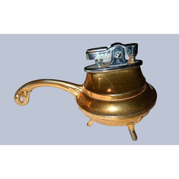 Vintage Brass Tabletop Lighter & Ashtray Set With Handle - Picture 4 of 9